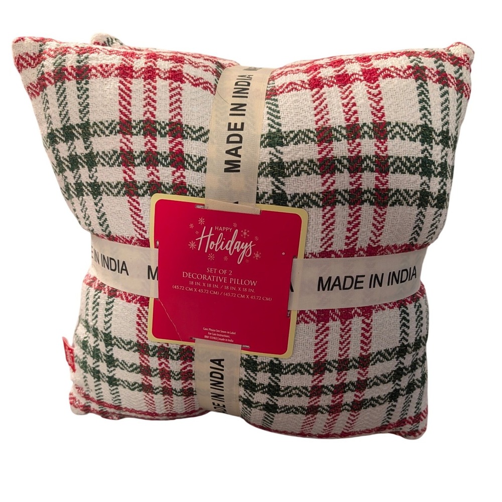 Happy Holidays Set of 2 Decorative Pillows 18x18 Red Green Plaid Woven Christmas